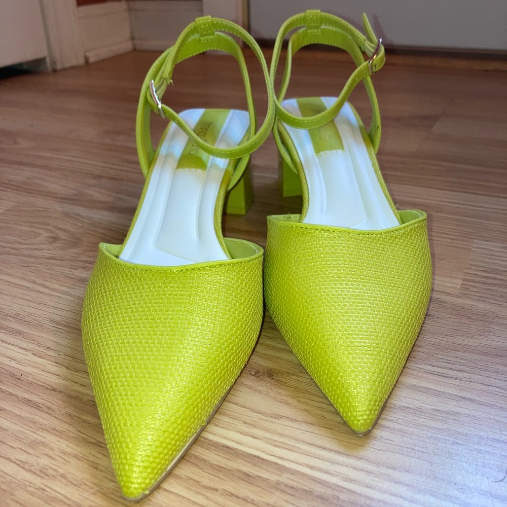Franco Sarto Naya Pointed Toe Parrot Green Ankle Strap Block Heels Chartreuse 7M - Picture 4 of 14